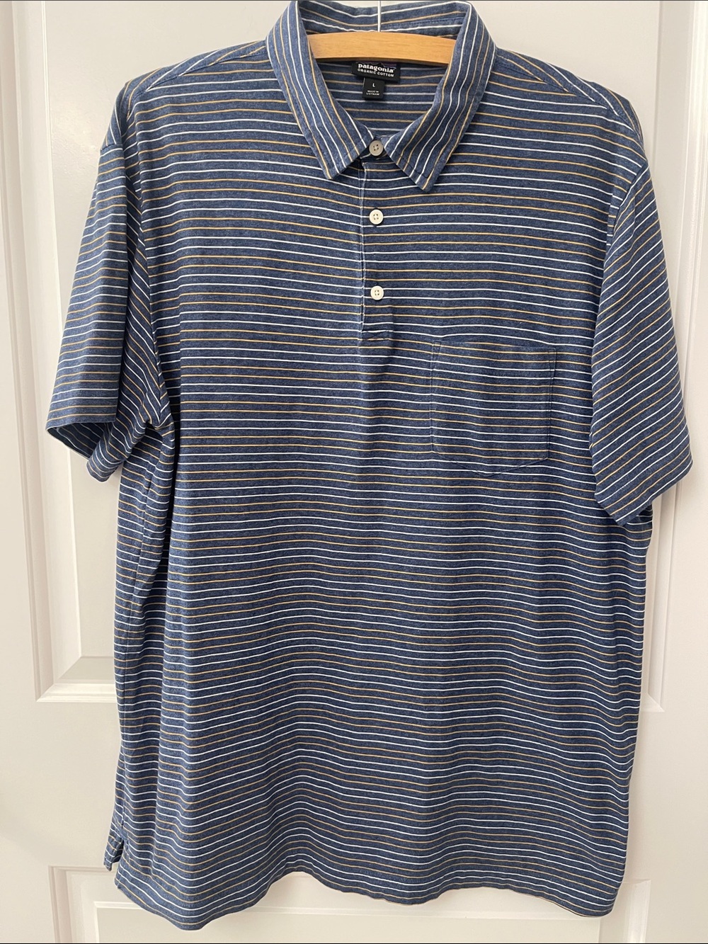 Men’s Patagonia Blue and White Striped Polo Shirt/Organic Cotton